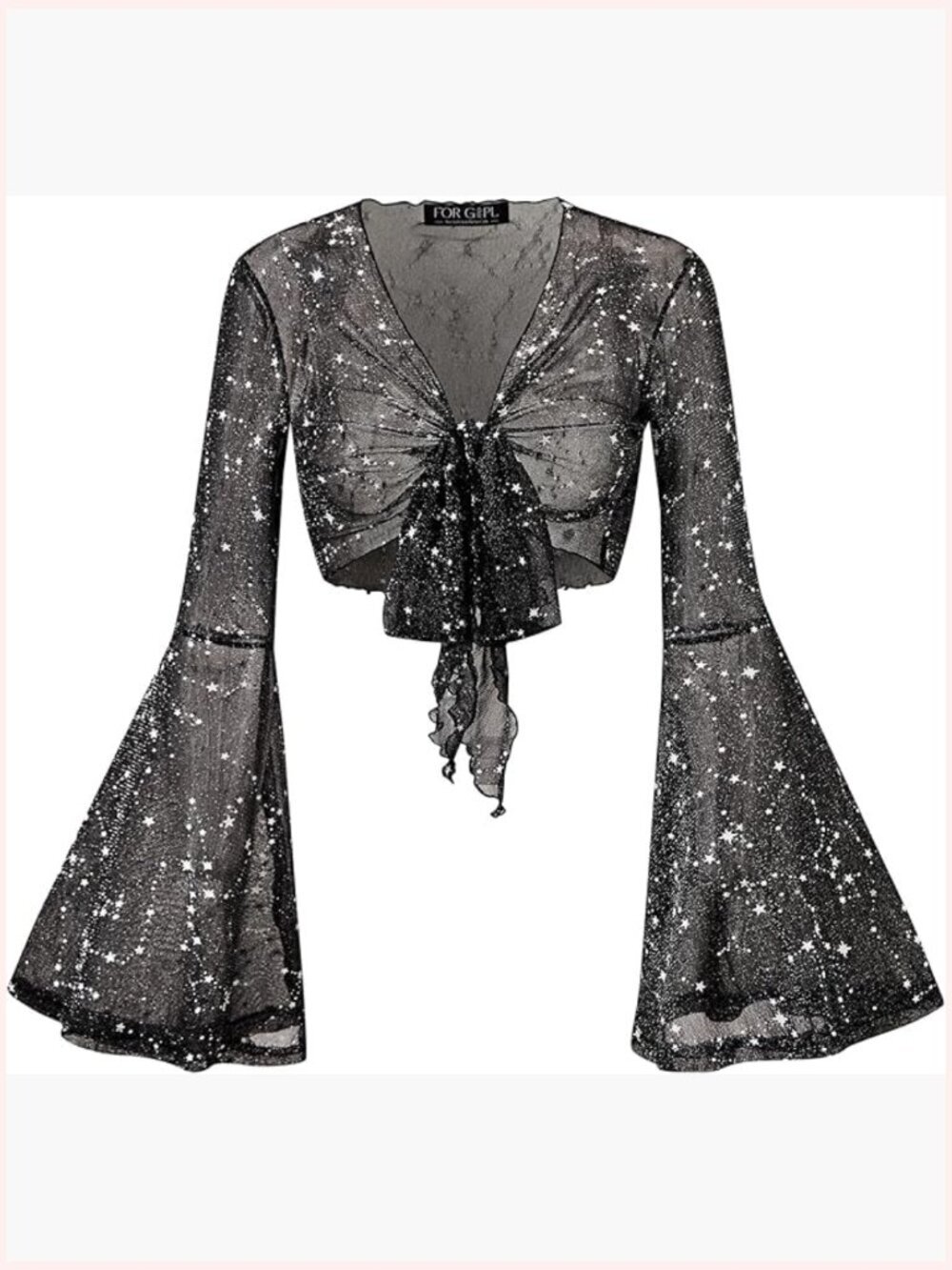 Women Tie Front Bell Sleeve Rave Crop Top Floral Print Mesh Sheer Shirt